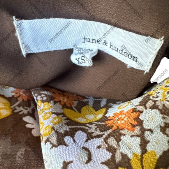 june & hudson XS Brown & Orange Floral Faux Wrap Sheer Lined Bell Sleeve Blouse - Picture 4 of 4